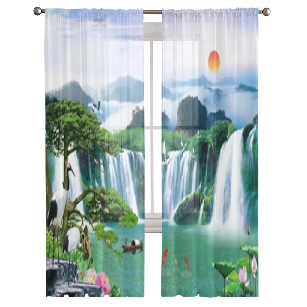 Mountain Landscape With Waterfalls Tulle Window Curtain For Living Room Bedroom Voile Sheer Curtains Kitchen Treatments Drapes