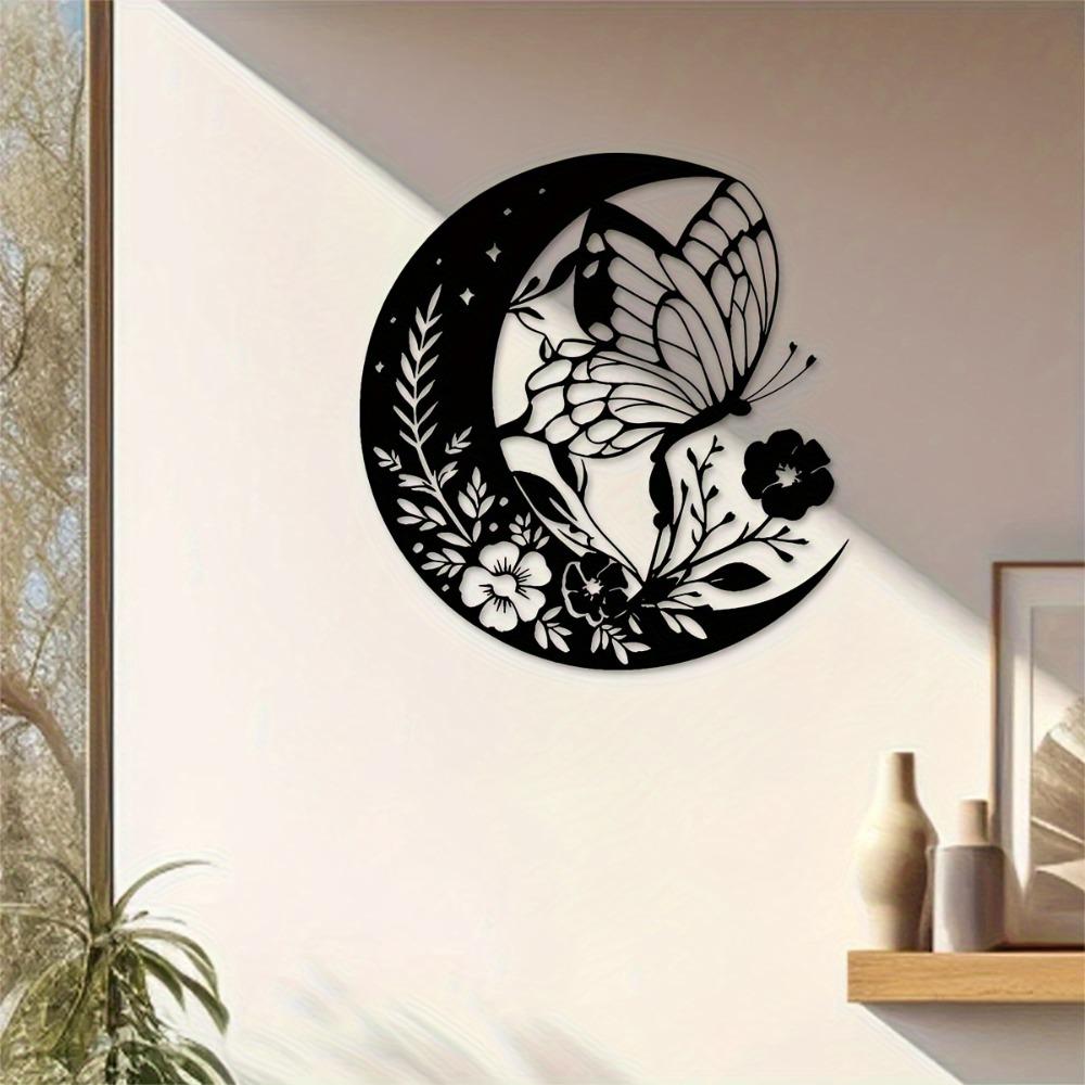 1pc Butterfly Moon Metal Wall Art Black Floral Crescent Sculpture Home Decor 15.75x14.88 Inch Housewarming Wedding Anniversary Christmas Gift