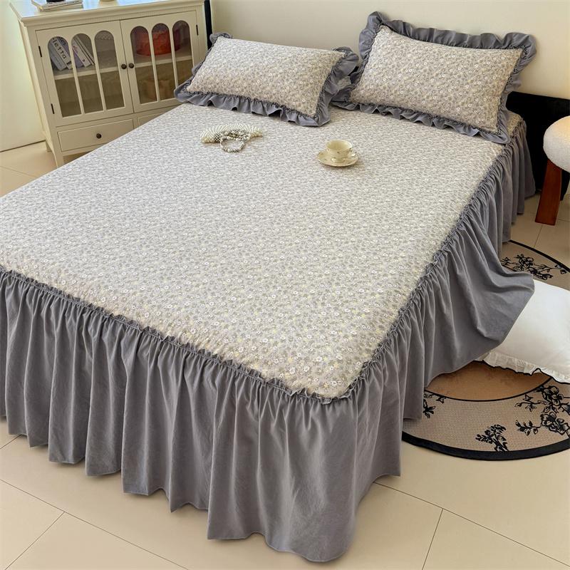 3pcs Bedding Simple Flower Bed Skirt With Pillowcases Wedding Bedspread Bed Sheet Mattress Cover Full Twin Queen King Bedsheets