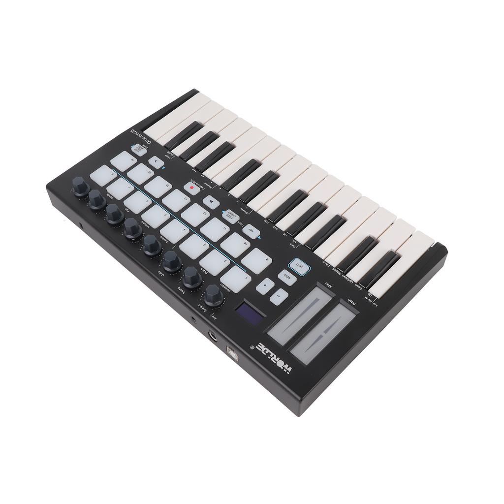 Portable 25 Key USB MIDI Keyboard Controller with 16 RGB Backlit Trigger Pads 8 Assignable Control Knobs