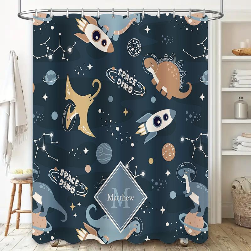 Unique Space Dino Blue Shower Curtain Personalized for Kids Bathroom Decor Customizable Design for Home Decoration in Bath Linen