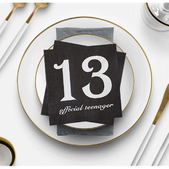 40pcs Black and Silver Official Teenager 13th Birthday Cocktail Napk 13th Birthday Decorations for Boys Girls Party Supplies Disposable Paper