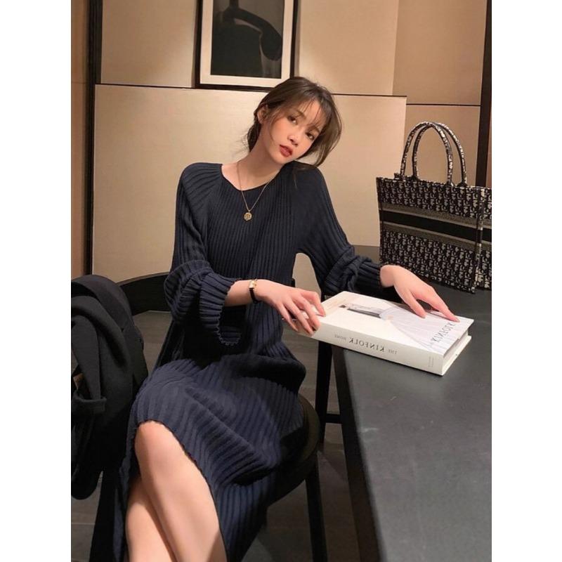 

[] Lazy wind round neck navy blue knitted dress straight loose and thin sweater skirt temperament long dress S темно-синий