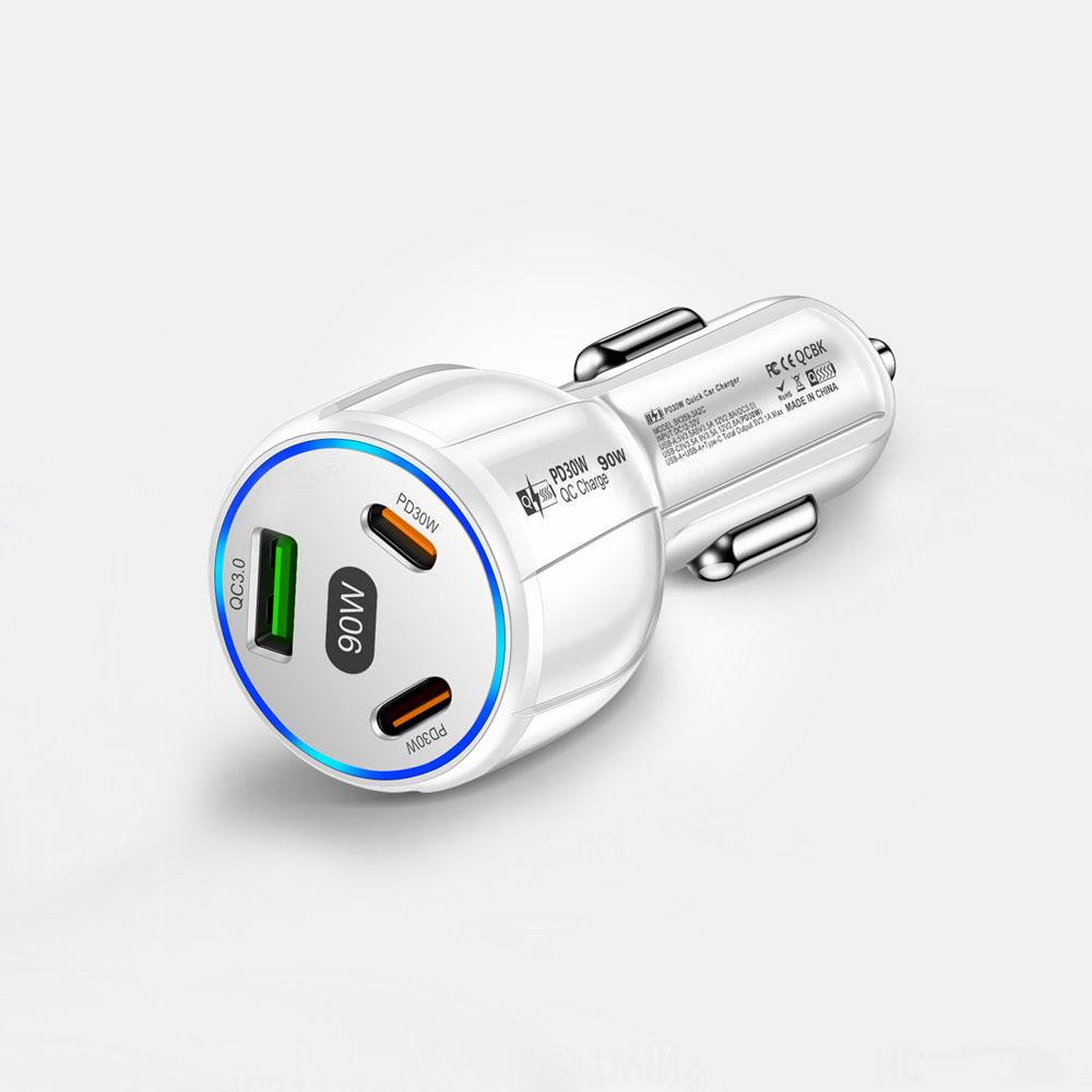 1Pc 90W LED Car Charger 3 Ports Fast Charge PD USB C Car Phone Charger Type C Adapter In Car Universal Auto Interior Accessories