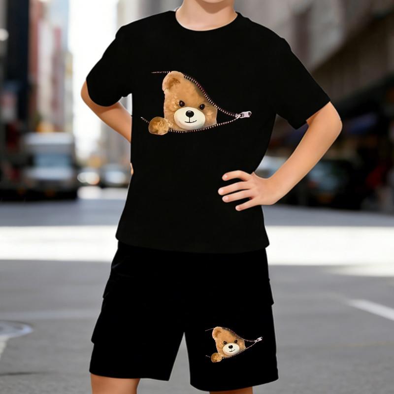 

Boys 2 Piece Zipper Bear Printed Outfit, Short Sleeve T-Shirt and Shorts Set for Kids Age 5-14, Black and White Sporty Casual Summer Clothes 5-6 Years чёрный