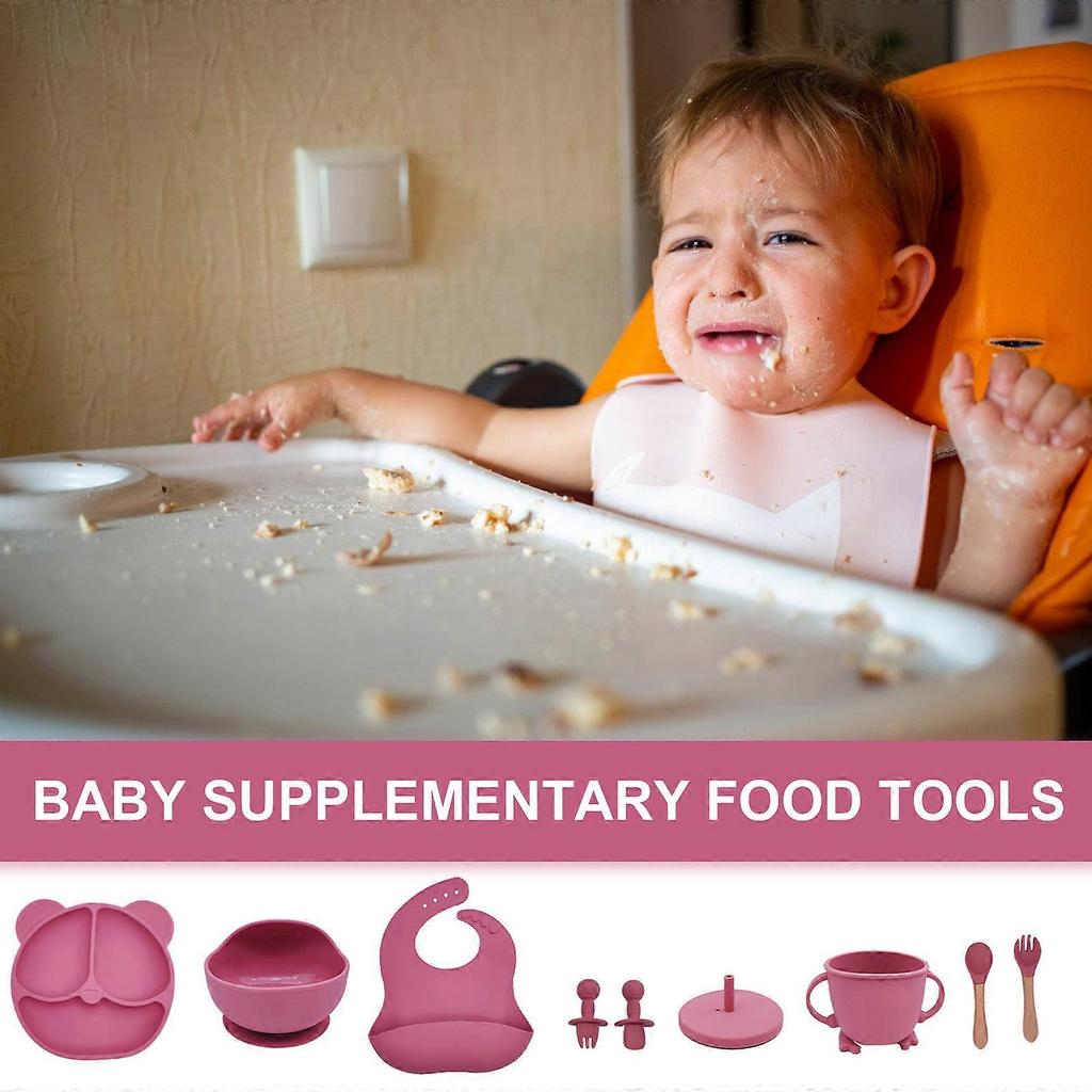 Silicone Baby Feeding Set Suction Bowl Plate Cup Fork Spoon Adjustable Bib Silicone Texture Suitable for Baby Toddlers Pink