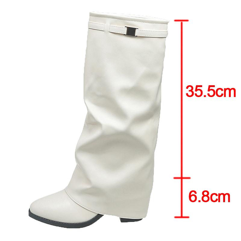 

Fashion Fashion Chunky Heel Knee High Boots for Women Pointed Toe PU Leather Long Botas Mujer 2025 Autumn Slip On Fold Over Pants Boots 36 бежевый