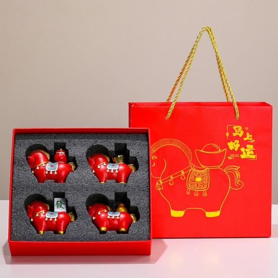 1/4Pcs Cartoon Horse Figurine with Gift Bag Box Bring Good Luck Fortune Chinese Style Pony Statue Home Office Desktop Feng Shui Decoration Ornament