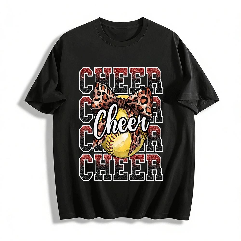 Cheer Leopard Bow Softball Graphic Casual Tee For Cheerleaders Pure cotton T-shirt XXS
