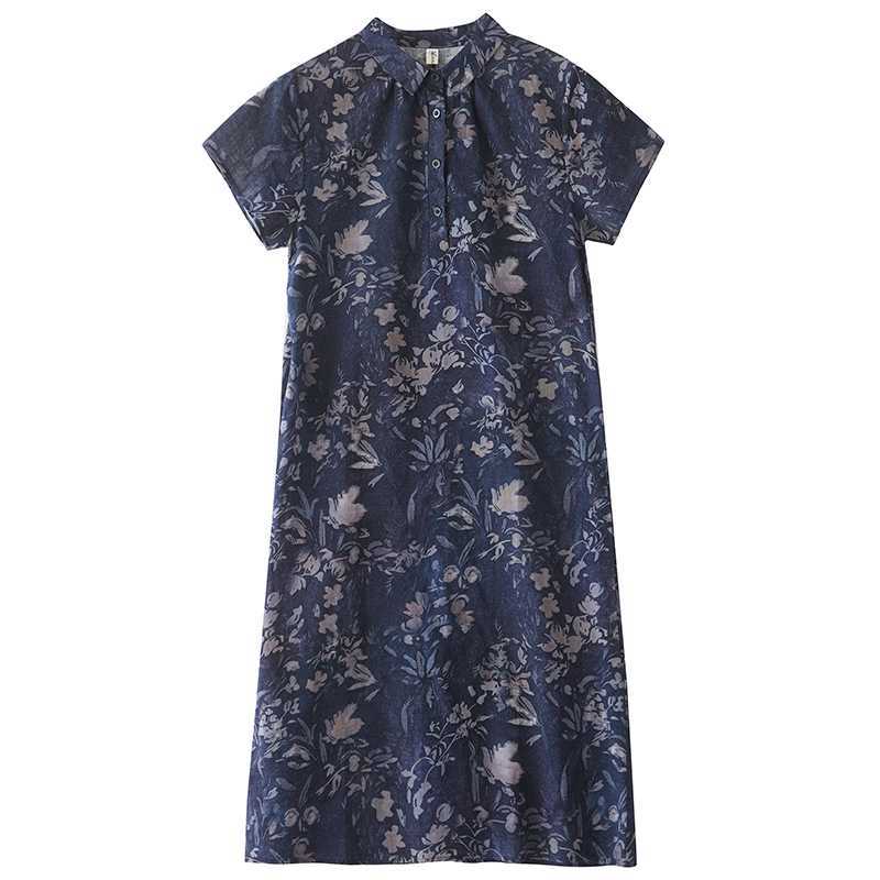 Women Floral Print Linen Blend Midi Dress Lapel Short Sleeve Loose A Line Casual Summer Dress