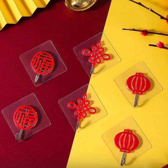 8Pcs Chinese Style Self-adhesive Hooks Drill-Free Installation Festive Decor Hooks Red Lanterns Chinese Knots Hooks for Spring Festival Home