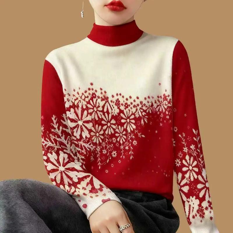 Women Winter Navy White Floral Print Turtleneck Long Sleeve Knit Top
