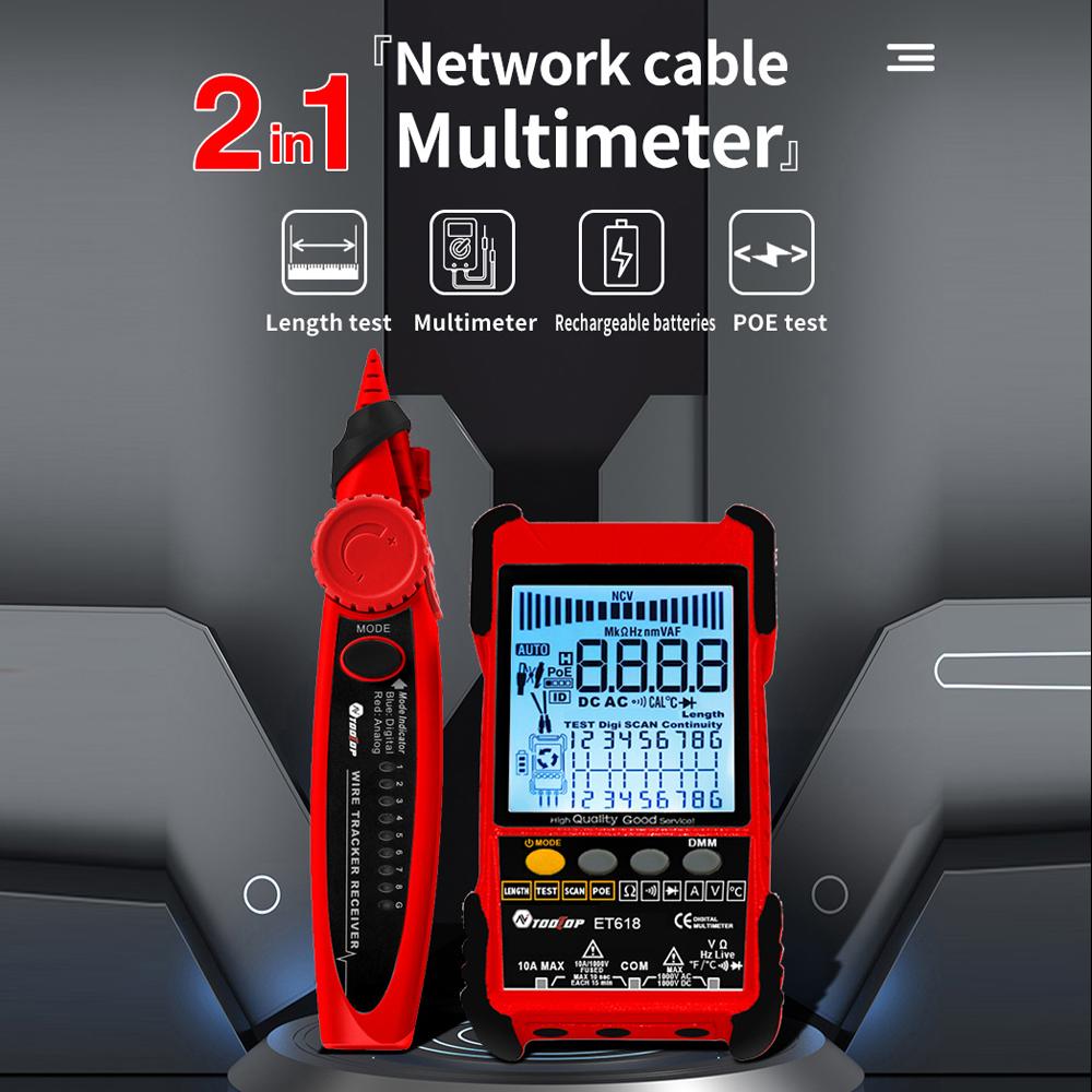 TOOLTOP ET618 Handheld Portable Cable Tester with LCD Display Analogs Digital Search POE Test Cable Pairing Sensitivity