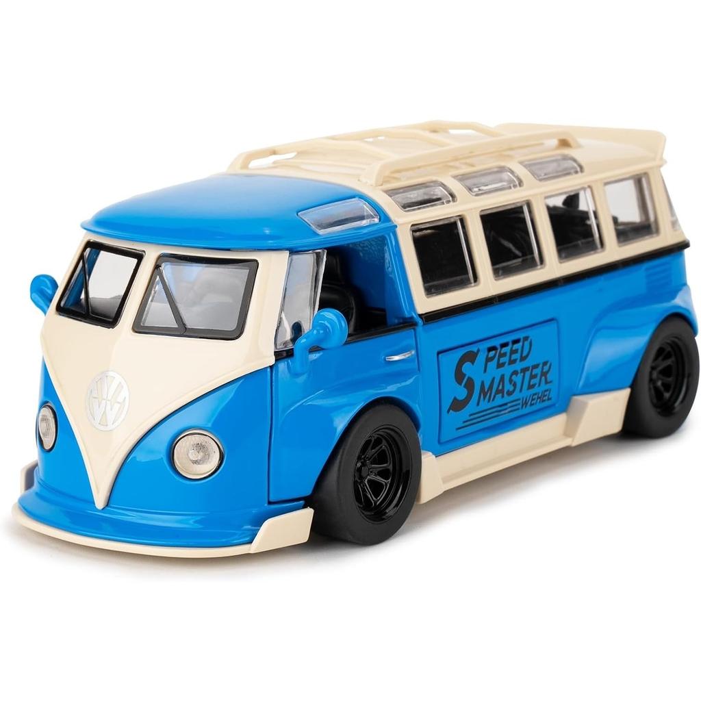 1/32 Scale Bus Transporter Model Car with Surfboards Convertible Camping Van, Zinc Alloy Pull Back Toy Car with Sound and Light for Kids Gift