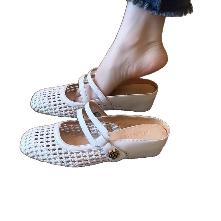 British Slope Heels Slippers Casual Summer New Hole Shoes Mary Jane Grandma Shoes Woven Round Toe Versatile Slippers