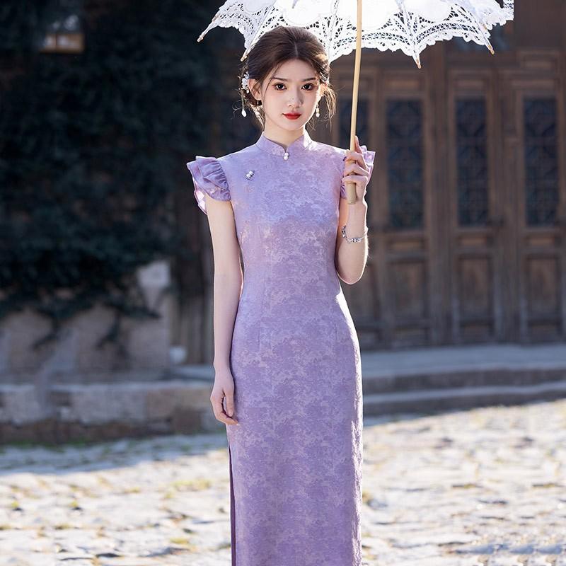 Elegant Purple Brocade Cheongsam Dress Women Long Sleeveless Vintage Modern Qipao Formal Gown Medium