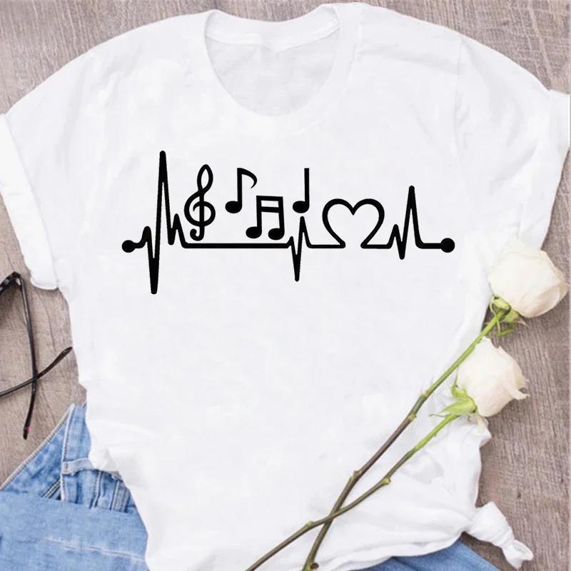Damen T-Shirt Musik Oberteile Kurzarm Schwarz T-Shirt Damen Lässig Neu Harajuku Lustig Musiknote Kunst T-Shirt Mode