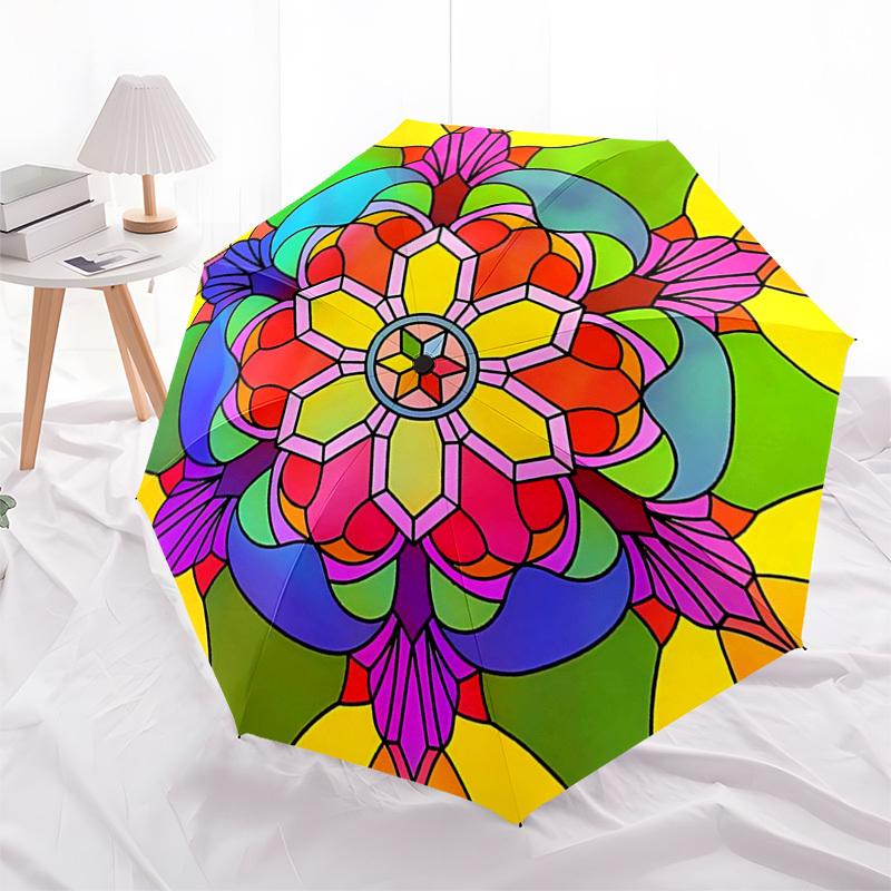 1pc Colorful Mandala Pattern Automatic Folding Umbrella - Portable 3-Fold Design, 8-Bone Iron Frame Outdoor Umbrella, Ideal Gift for Fans, Travelers,