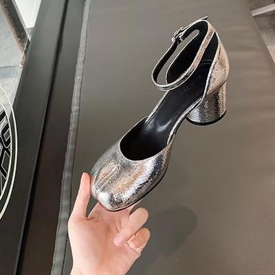 Mary Jane French Silver Split Toe Heel: Women's One-Strap, Thick Heel, Closed Toe, Hollow Sandals