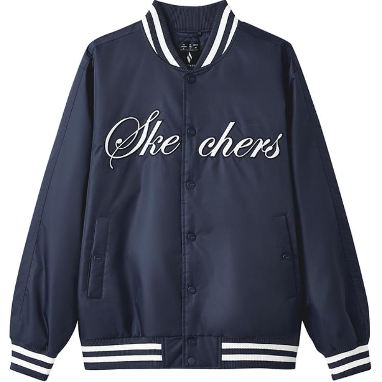 Skechers Sport Lifestyle Series Handwritten Letter Woven Lightweight Comfortable Single-Breasted Baseball Jacket Men jackets Navy L424U001-002Z S