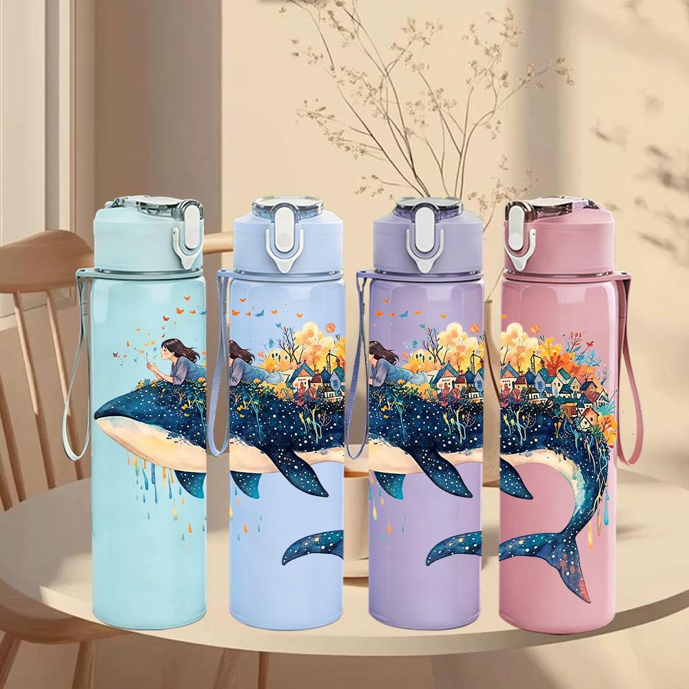 1PC Jumping Whale Ocean Watercolor Art Print 750ml Color Plastic Sports Water Bottle Leakproof Flip Straw Lid Suitable for Sports Office Home Use