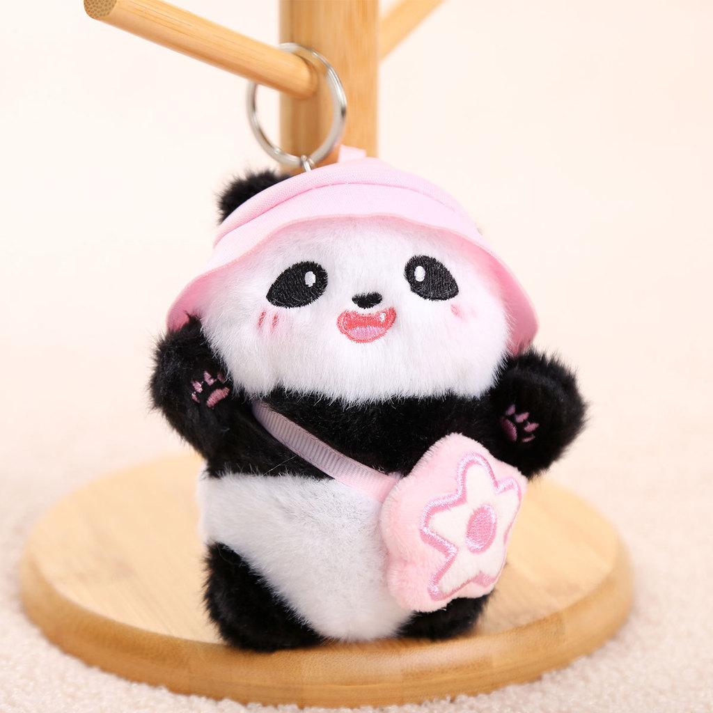 Short Plush Panda Charm With Hat For School Bag Decoration