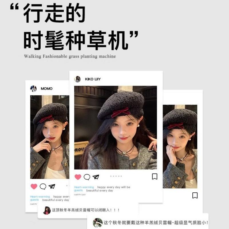 Bow lamb plush beret women's autumn and winter new painter hat show face small hat