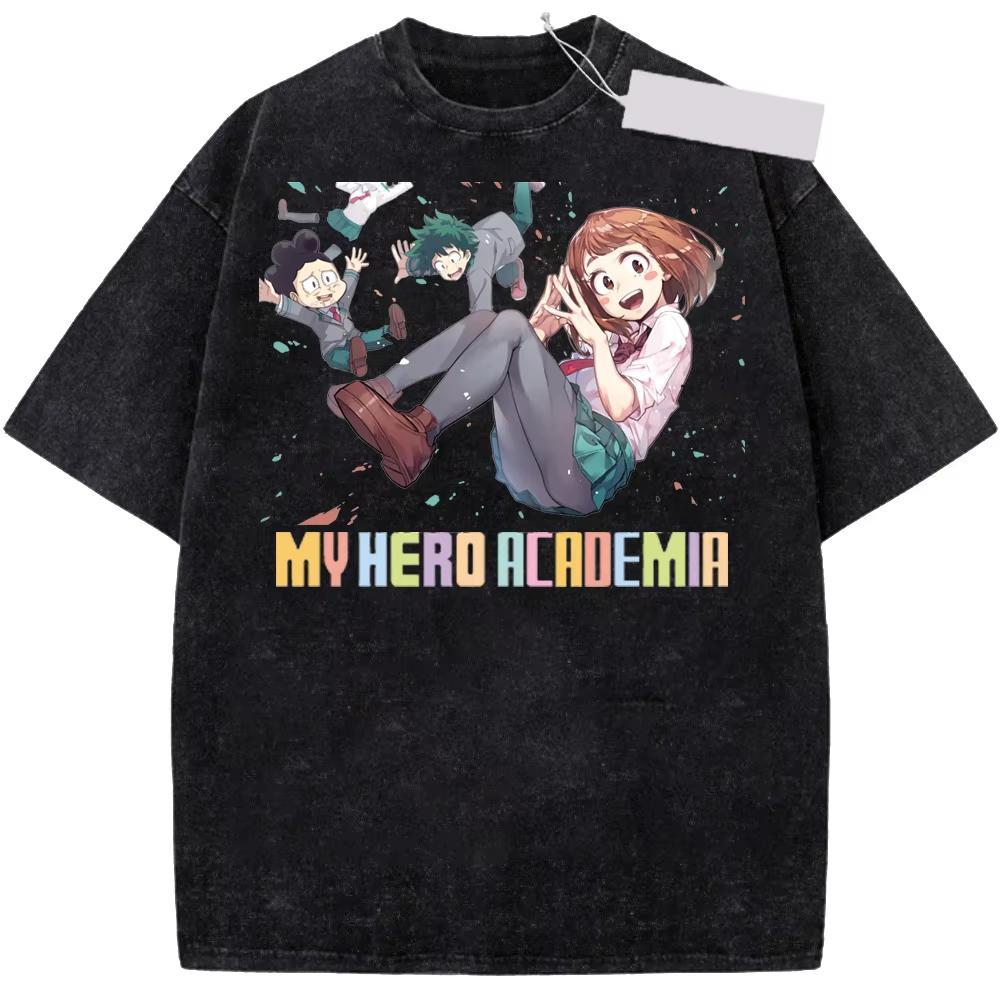 Anime My Hero Academia Midoriya Izuku OCHACO URARAKA Graphic Print T-Shirt Men Women Retro Washed O-neck Cotton Loose Casual Oversized Summer New Tee
