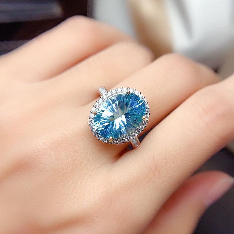

Stunning Oval Aquamarine and Topaz Gemstone Open Ring for Women Adjustable Opening