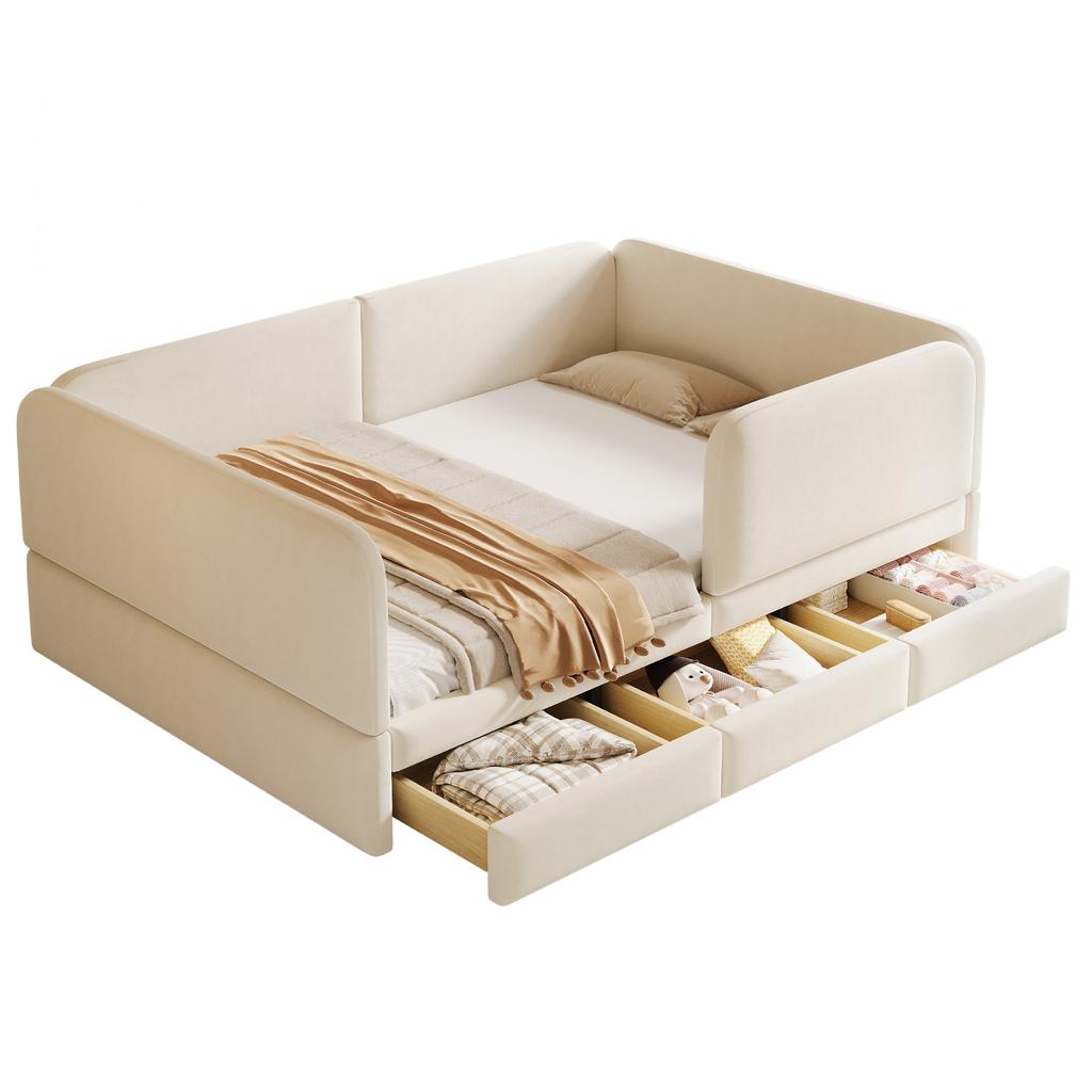 Letto imbottito per bambini 140 x 200 cm con protezione perimetrale e angoli arrotondati, con cassetto contenitore, tessuto in velluto beige (Senza materasso)