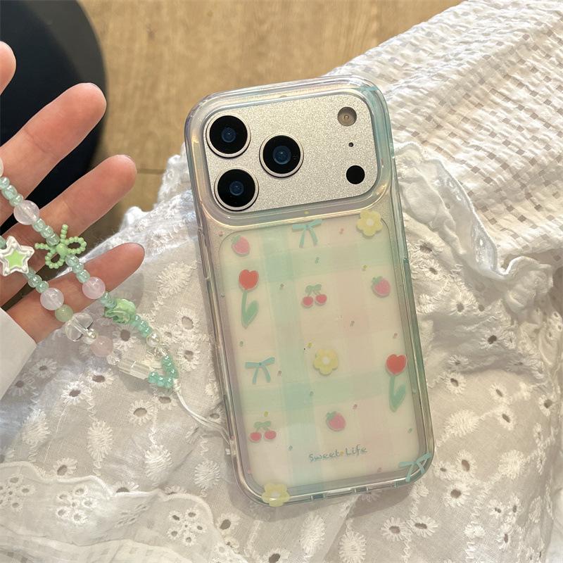 Green Pink Plaid Tulip Strawberry Semi-Transparent Phone Case for iPhone 17/16 Pro Max/15/14