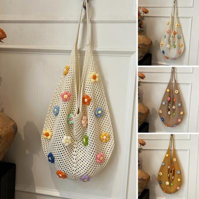 Borsa a Spalla all'Uncinetto Stile Boho Borsa da Spiaggia Lavorata a Maglia con Fiori Colorati Borsa a Shopper Intrecciata Leggera per Donne Ragazze Vacanza Estiva Viaggio Picnic Shopping