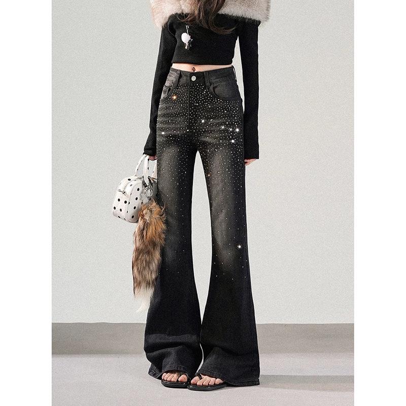 Women s Retro Rhinestone High-Waist Micro Flare Jeans (2026) - Stretchy Slimming Bell Bottoms M