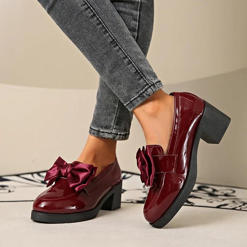 Fashion 2025 Spring Sweet Bowknot Square Heel Pumps Woman Black Patent Leather Women's Loafers Platform Slip on Heeled Shoes for Women