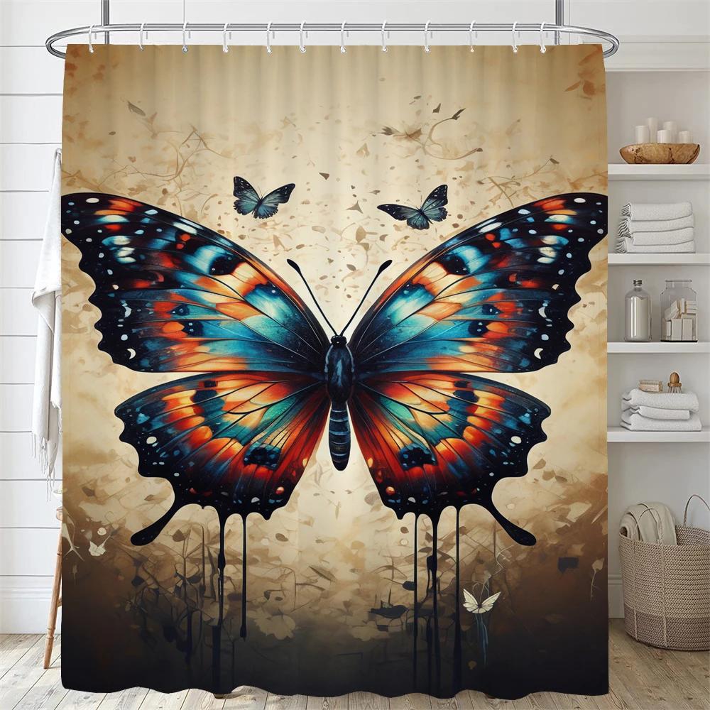Bathroom Flower Shower Curtain, Beautiful Colorful Painted Butterflies Print Polyester Fabric, Bathtub Shower Curtain With Hooks