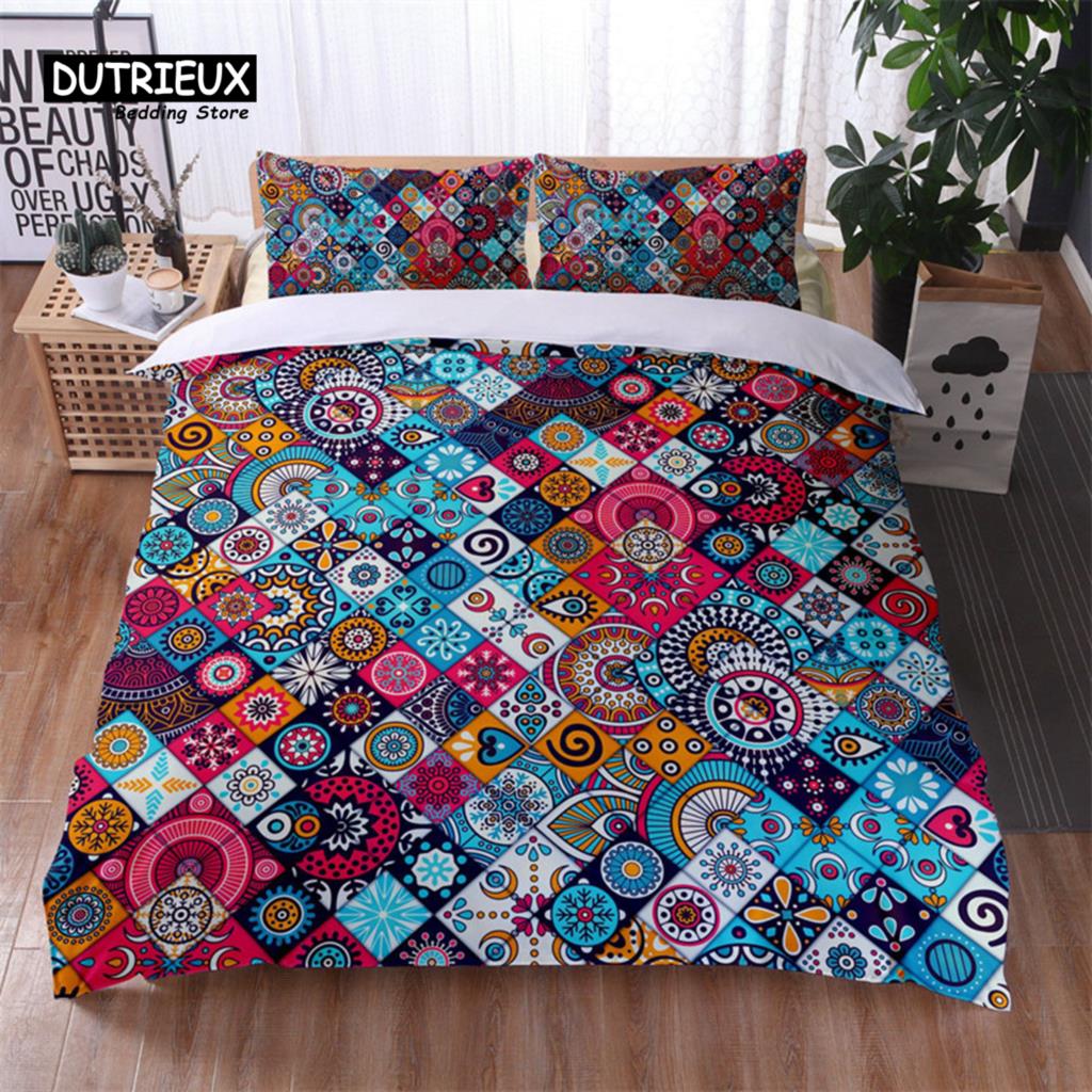 Bohemian Geometric Pattern Bedding Set Dragonfly Chic Mandala Floral Duvet Cover With Pillowcases For Kids Adults Bedroom Decor