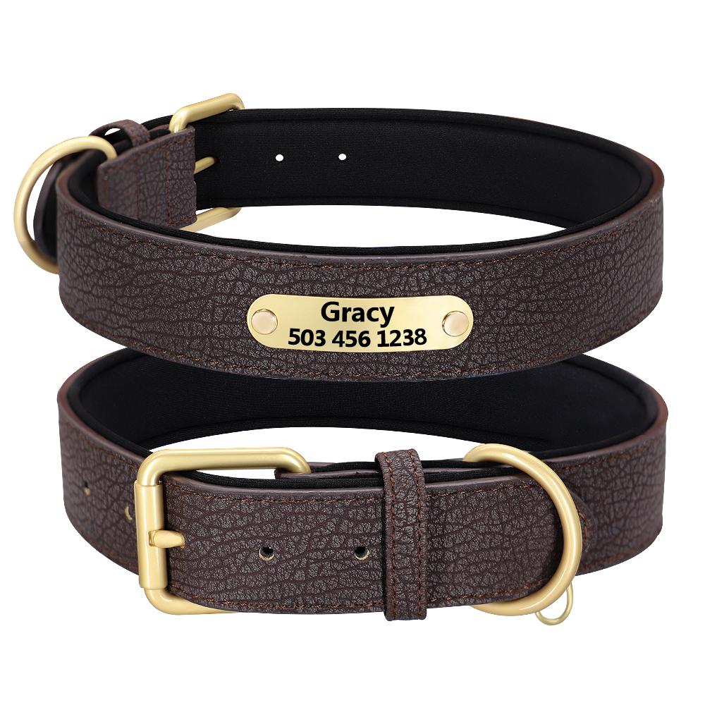 Custom Engraved Dog Collar Leather Padded Dogs Collars With Personalized  ID Plate Tag 2 Layers For Small Large Dogs Pitbull