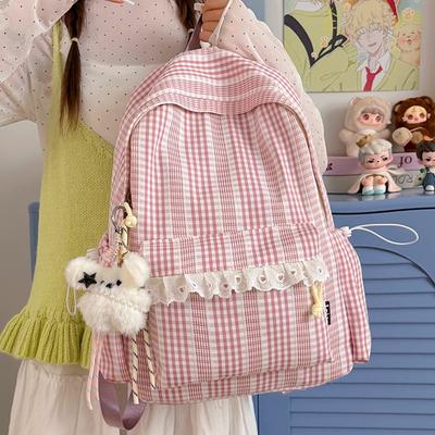 Schultasche Japanisch ins Klein Frisch Kariert Süßigkeitenfarbe Mädchen Schultasche Mittelschüler Lässig Vielseitig Rucksack mit großem Fassungsvermögen