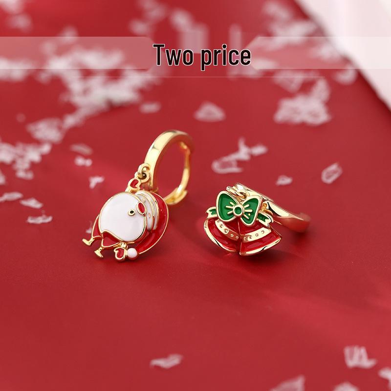 925 Sterling Silver Asymmetrical Santa Claus Christmas Bell Hoop Earrings - 2021 Trendy Autumn Winter Studs for Women