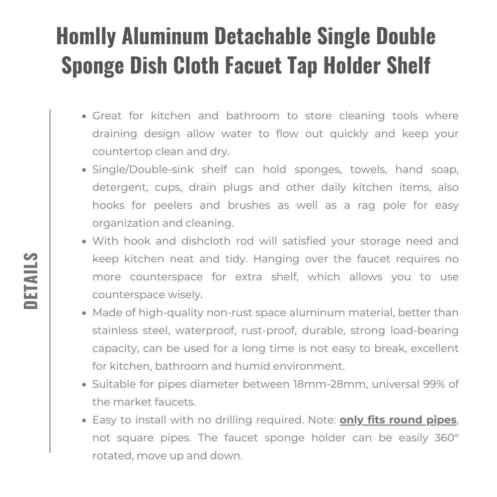 Homlly Aluminum Detachable Single Double Sponge Dish Cloth Facuet Tap Holder Shelf with Towel Hooks (X2PCS)