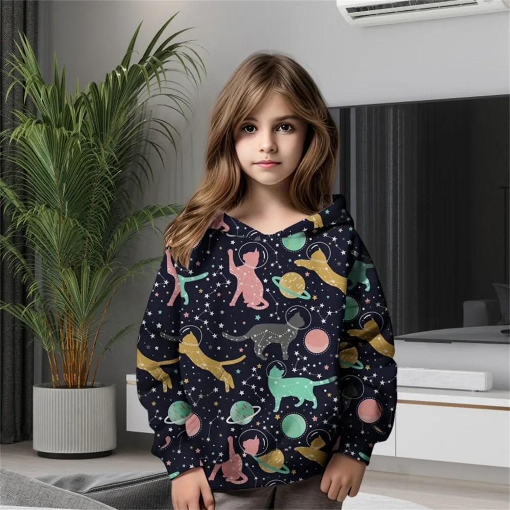 Autumn 3D Cute Cat Printed Hoodies Fashionable Casual Sports Long Sleeved Children's Girl Hooded Sweatshirts