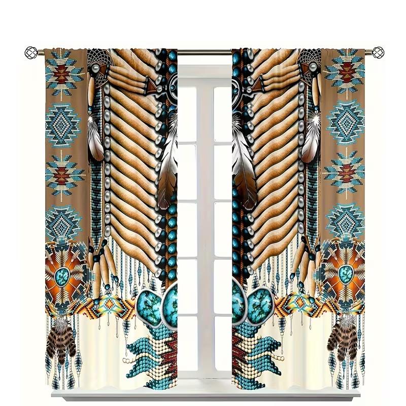 Set Of 2 Indian Feathers Print Curtains Suitable Bedroom Living Room Kitchen Decoration Home Window Made Polyester Sitting Treatment