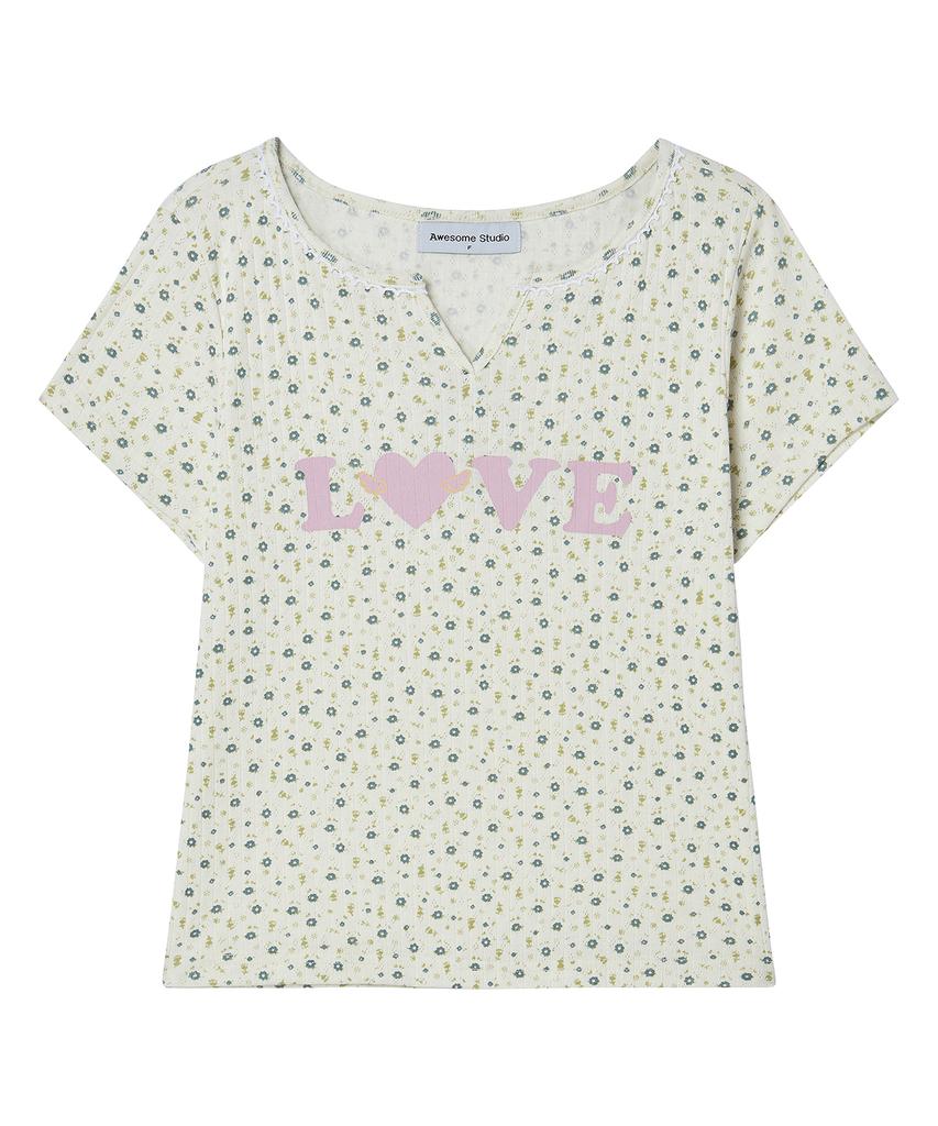 AWESOME STUDIO Flower Pattern Love T-Shirt Light Beige