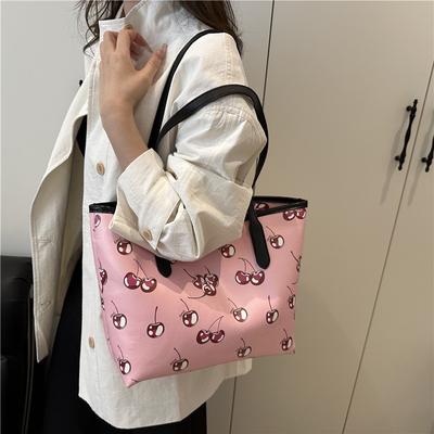 Sacs Femmes Automne Nouveaux Sacs de Shopping Épaule Grande Capacité Imprimé Cerises Élégant Simple Sacs Fourre-tout Sacs à Main