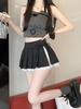 Spicy Ultra-Short Pleated Lace Patchwork A-line Skirt with Bow for Women