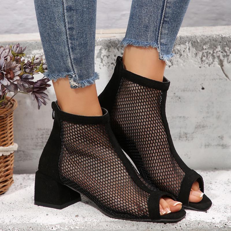 Fashion 2024 Summer Boot Zapatos Chaussures Femme Zipper Square High Heel Leopard Woman Shoes Women Mesh Suede Ankle Boots Size 43