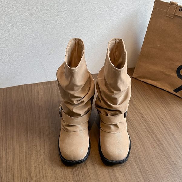 2025 autumn and winter new wasteland wind thick-soled knight boots heightened and wide large tube circumference stacking boots western short boots wom