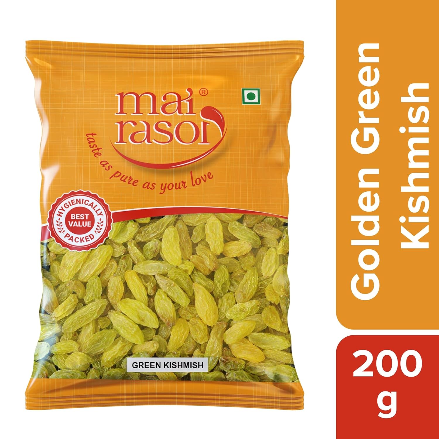 MAI RASOI Premium Golden Green Seedless Raisins 200 Gm Pouch Healthy Snack For Desserts Baking And Home Daily Use