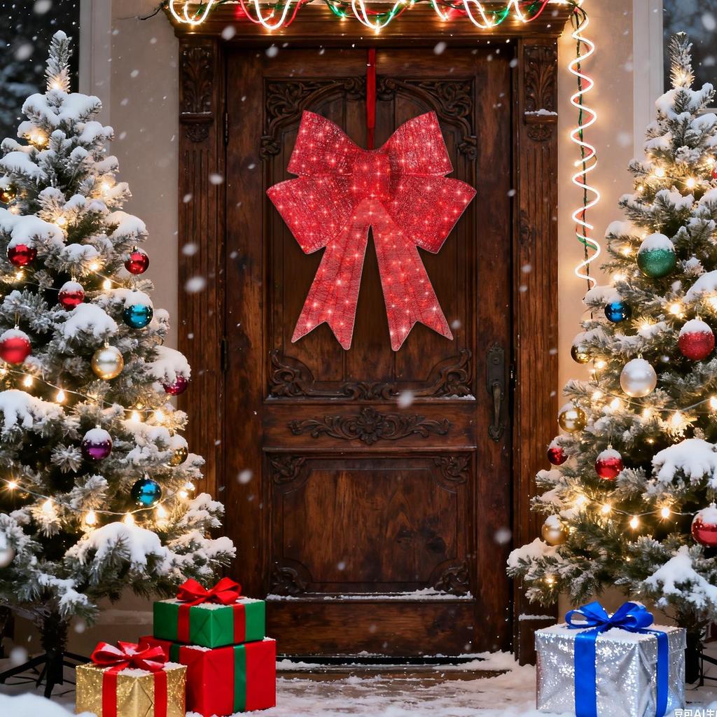 Christmas Wreath Bow 23.6in Lighted Red Ornaments Red Christmas Bow Wreath for Winter Festival New Year Stair Living Room Porch