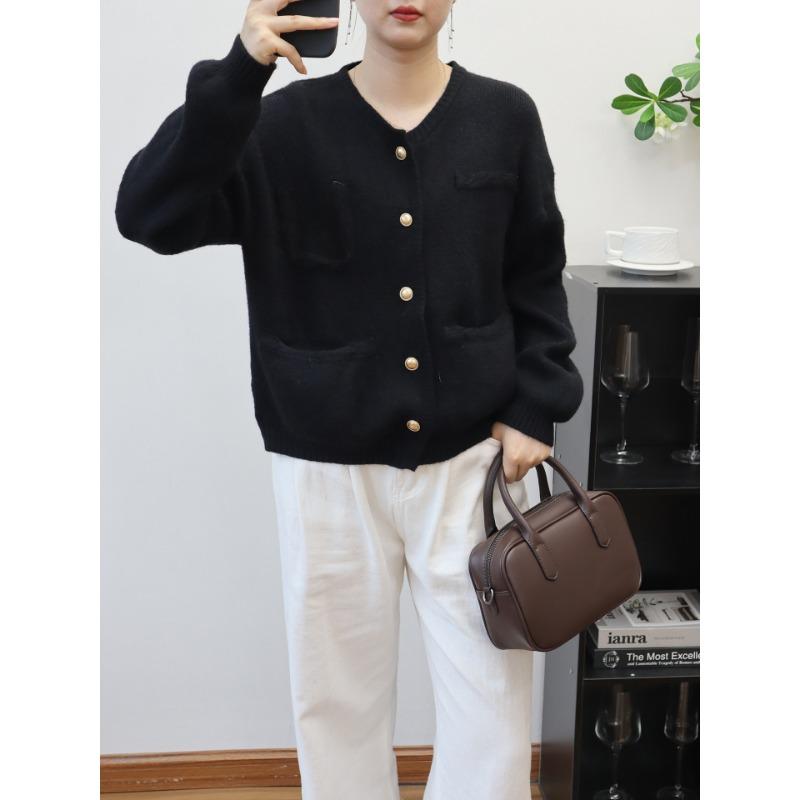 

Осень и зима новый темперамент вязаный кардиган нежный ленивый ветер мягкий восковой свитер куртка женская One size чёрный